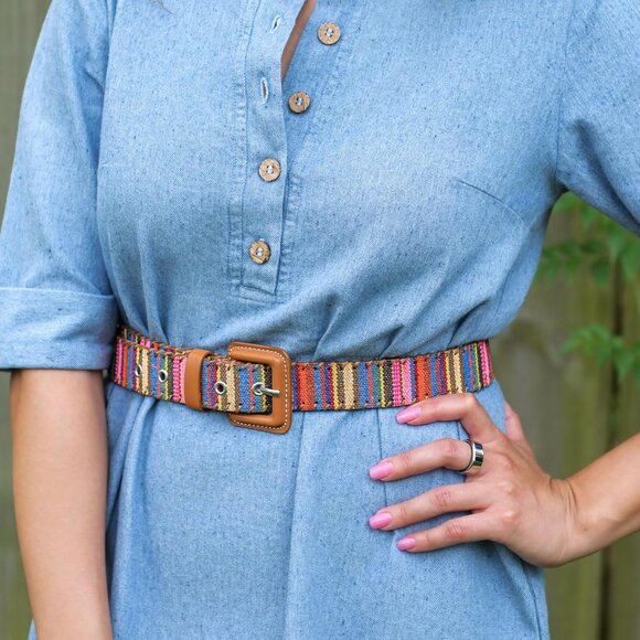 Womens Woven Multicolor Belt Brown Vegan Leather Adjustable for Casual Wear - Picture 2 of 6